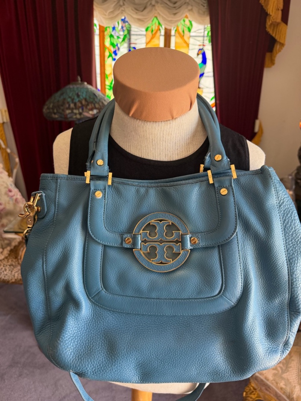 Tory Burch Blue Teal Pebbled Leather Shoulder Bag with Gold Logo - Picture 2 of 14
